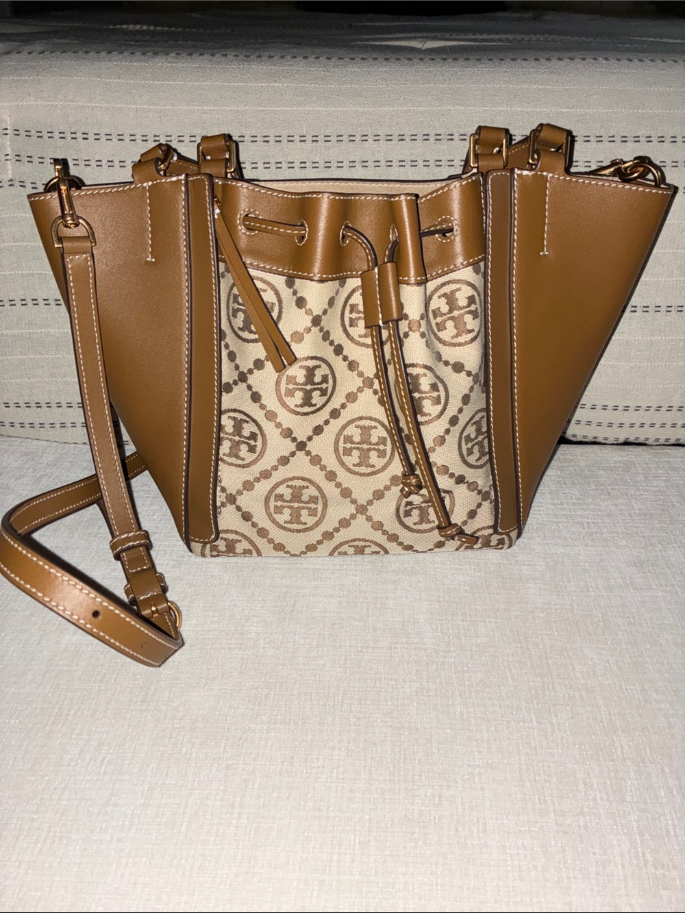 Tory Burch Brown Logo-Print Drawstring Crossbody Tote